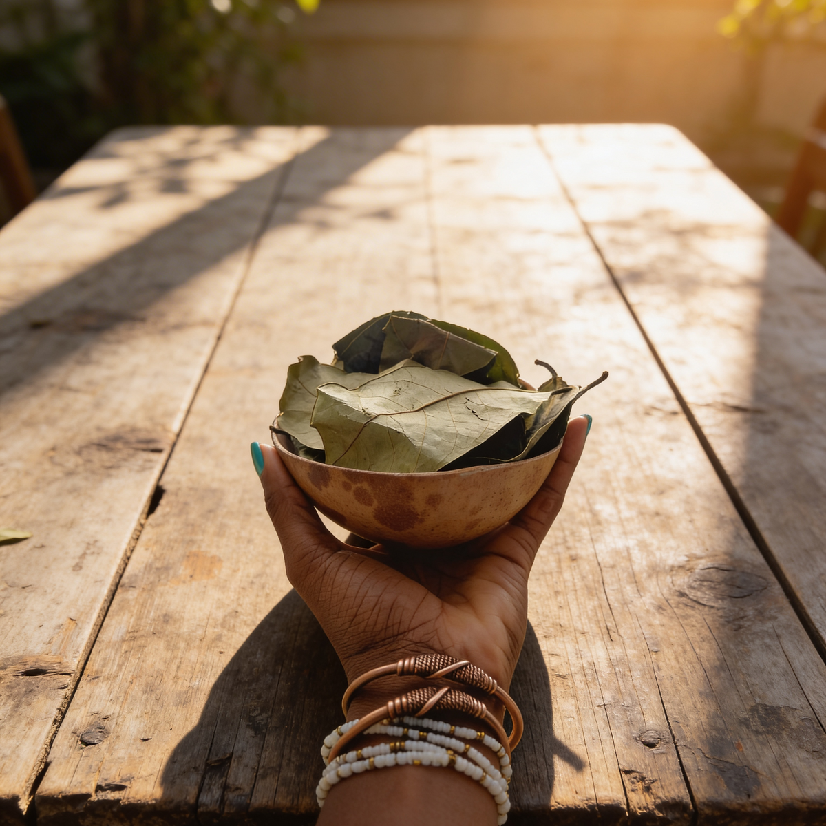 Hand holding a bowl of leaves on a wooden table with sunlight filtering through.