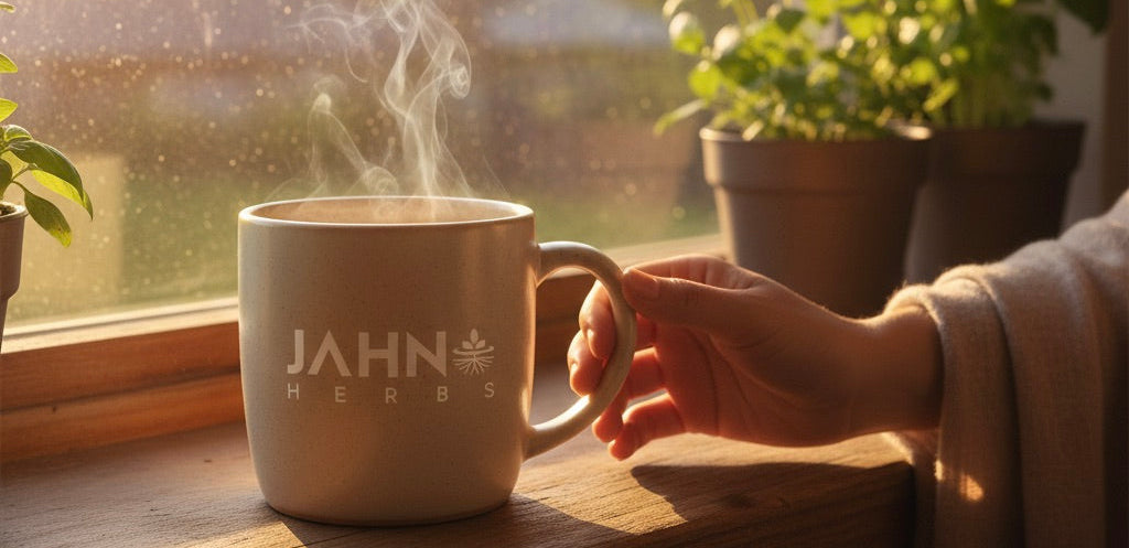 Hand holding a mug with 'Jahno Herbs' branding by a window with plants.