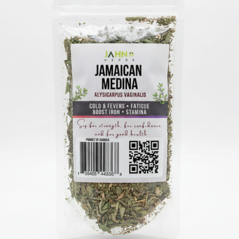 A clear stand-up pouch of Jahn Herbs Jamaican Medina dried herbs, shown against a plain white background.