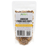 A clear stand-up pouch of Jahn Herbs Jamaican Strong Back Roots, showing the dried roots inside and a white label with black and yellow text.