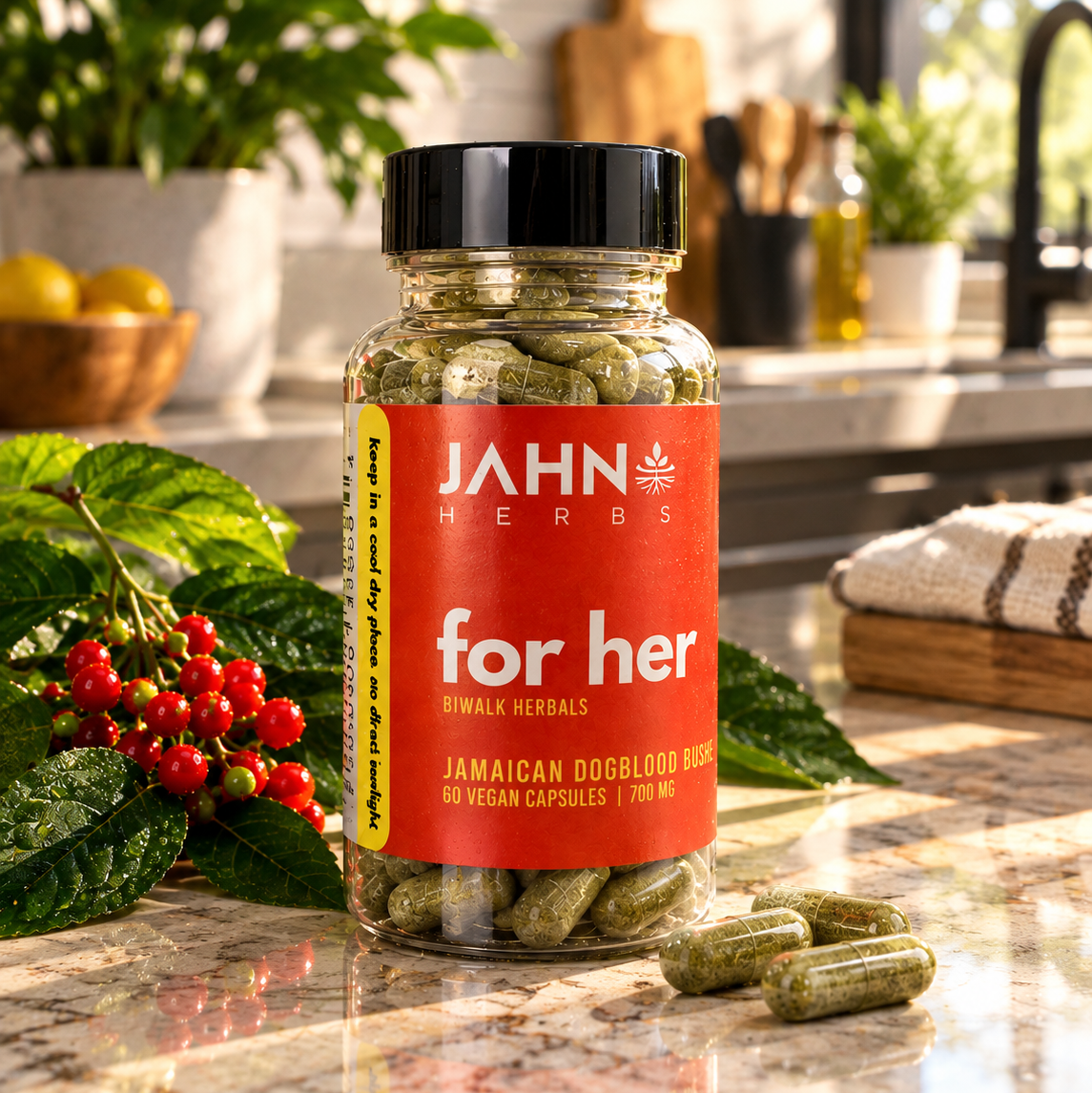 A bottle of Jahn Herbs 'for her' dietary supplement capsules sits on a polished marble kitchen counter, surrounded by fresh green leaves, red berries, and scattered capsules.
