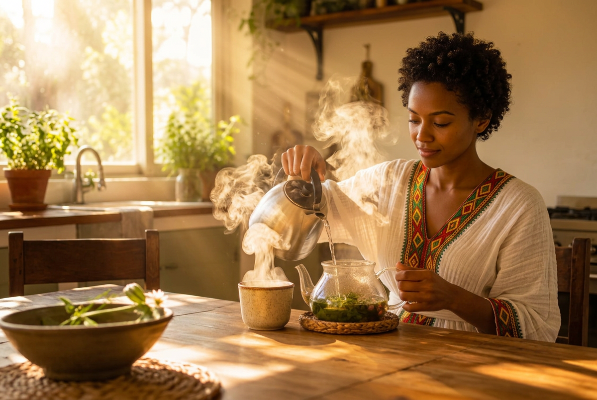 A woman in a rustic kitchen pours hot water from a stainless steel kettle into a clear glass teapot containing loose leaf tea, with a small ceramic cup beside it on a wooden table.