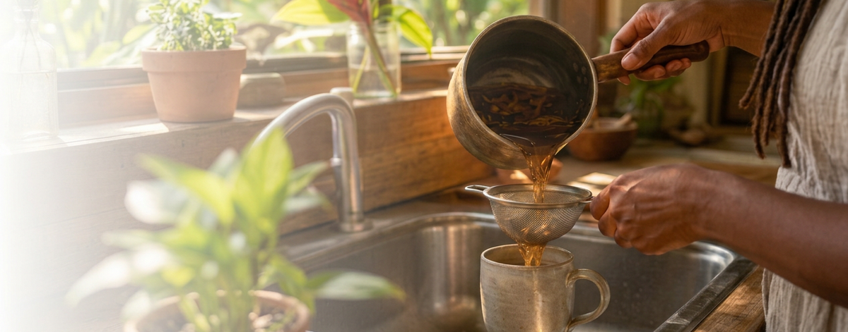 A person in a rustic kitchen pours a dark liquid from a small pot into a metal strainer over a ceramic mug in a sink. Sunlight streams in from a window, with green plants and wooden cabinetry in the background.