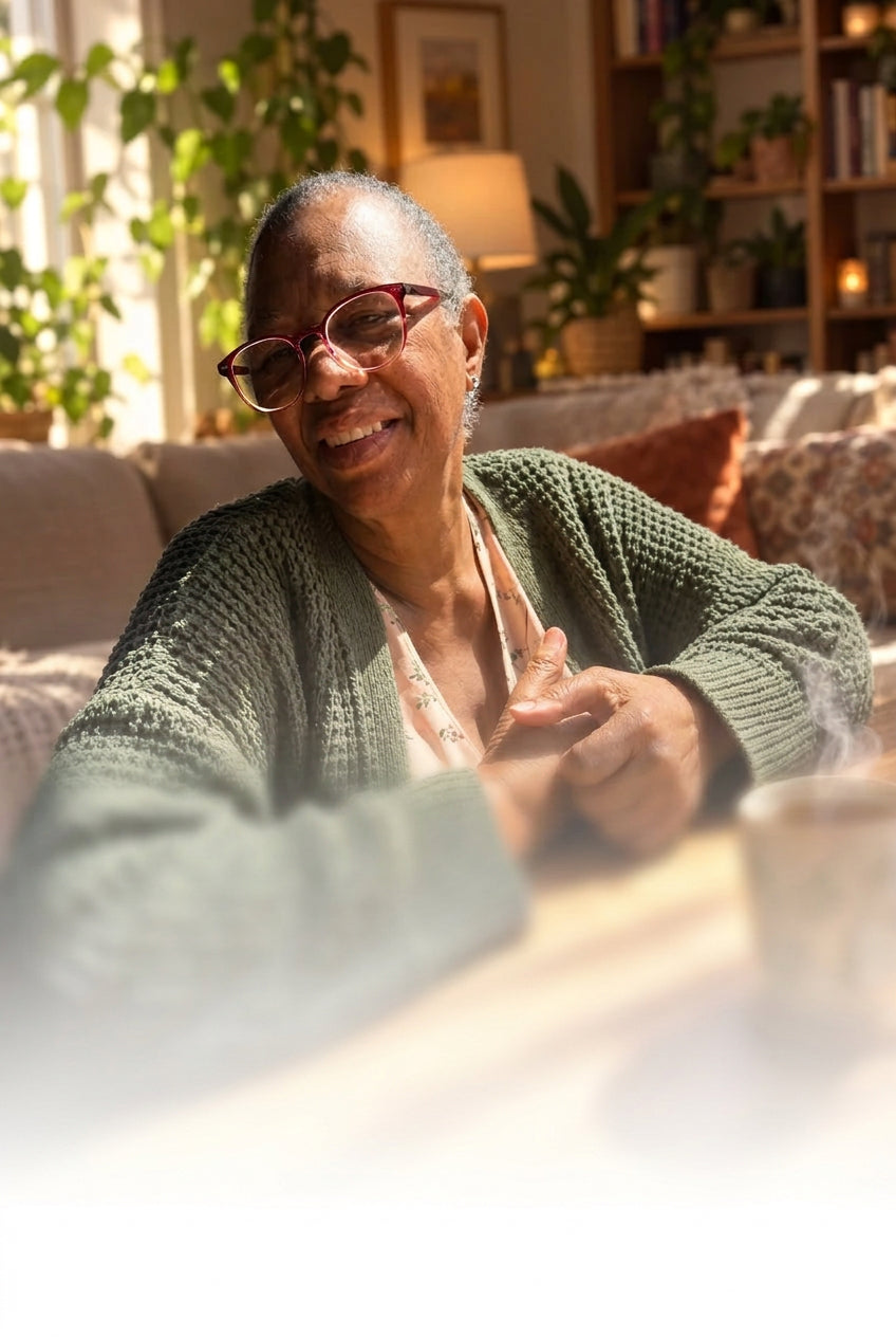 An older woman with gray hair and pinkish-red glasses smiles warmly while wearing a textured dark green knit cardigan sweater, seated at a wooden table with a mug in the foreground and a cozy living room background.